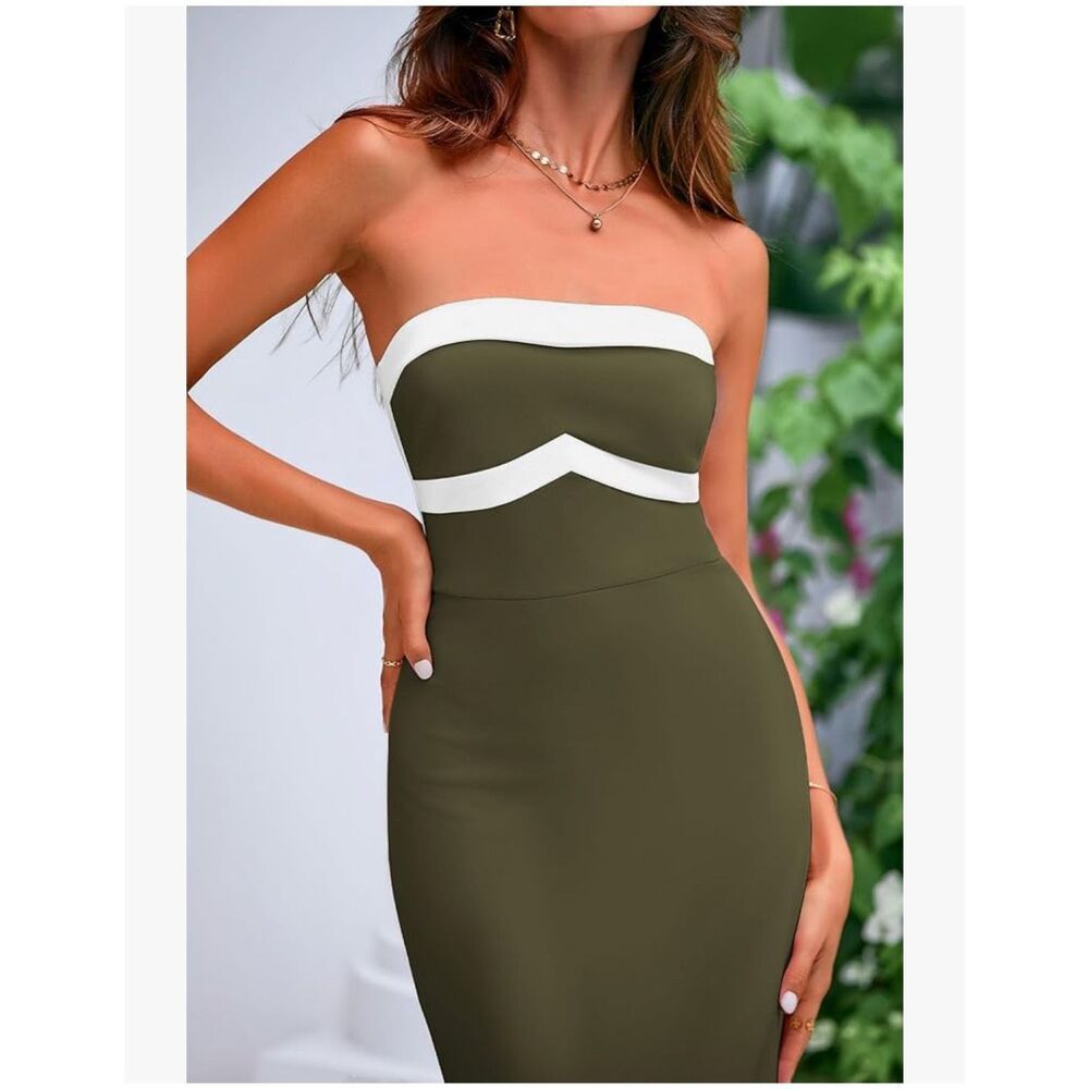 NEW Olive Green Bodycon Strapless Slit Cocktail Party Tube Maxi Dress S - Picture 5 of 7